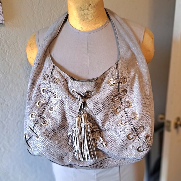Michael Kors Large Suede Python Print Hobo Bag W Lace Up & Tassle Details - Picture 1 of 16